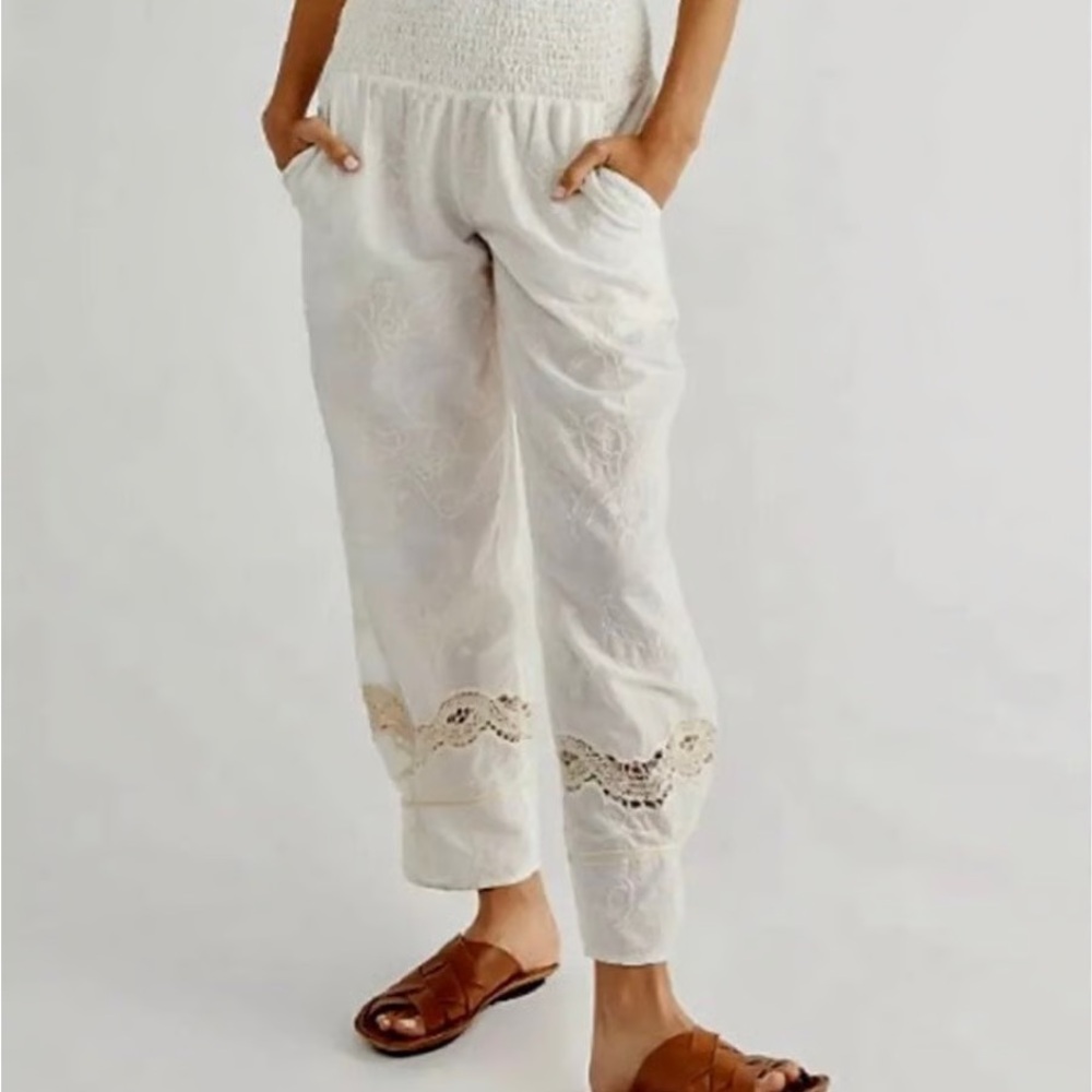 Free People Cream Clementine Lace Detail Cropped Pants